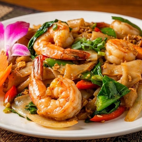 Pad See Ew with large shrimp, wide noodles, and green vegetables, garnished with a purple orchid.