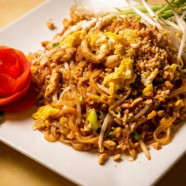 Pad Thai noodles with peanuts, scrambled egg, bean sprouts, and a carved tomato garnish.