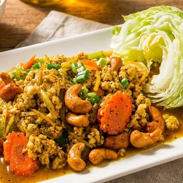 Curried ground chicken with cashews, carrots, and celery, served with lettuce and rice.